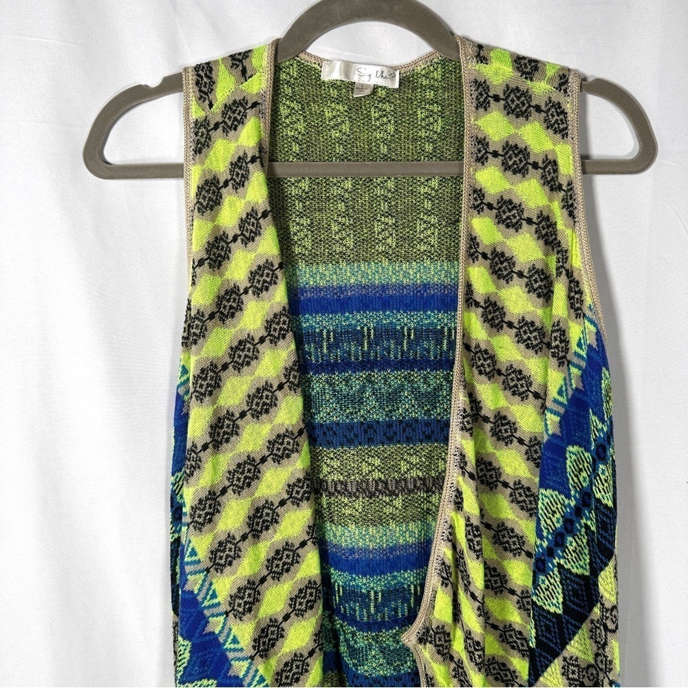 Say What? 2010s Vintage Knit Sweater Vest Neon Geometric Eclectic Grandpa M - Picture 3 of 7